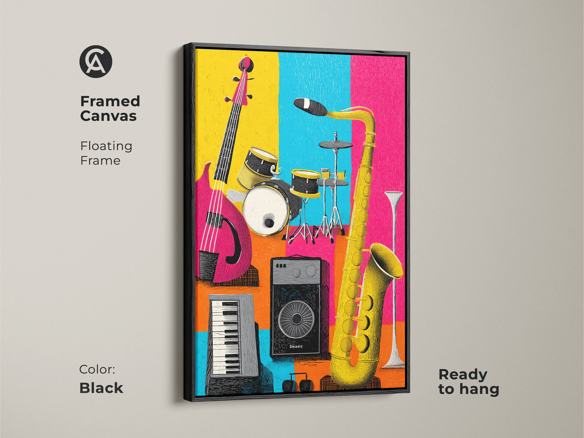 Framed canvas musical instrument art. Black floating frame enhances the colorful artwork. Features a guitar drums keyboard and saxophone. Ready to hang for instant music room decor.