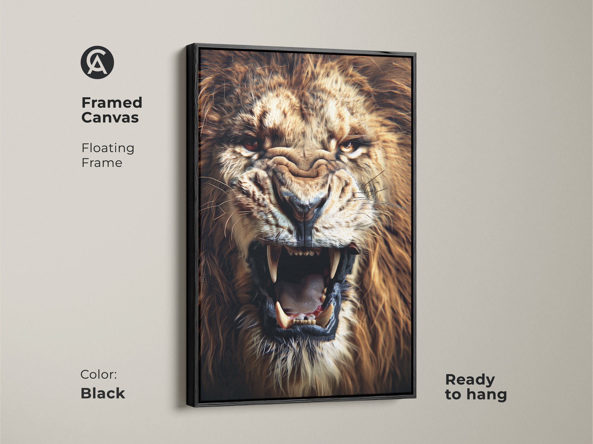 Framed canvas art of a roaring lion with a floating frame in black. This ready-to-hang fierce animal artwork captures the intensity of the King of the Jungle. It's a bold animal print for modern home decor.