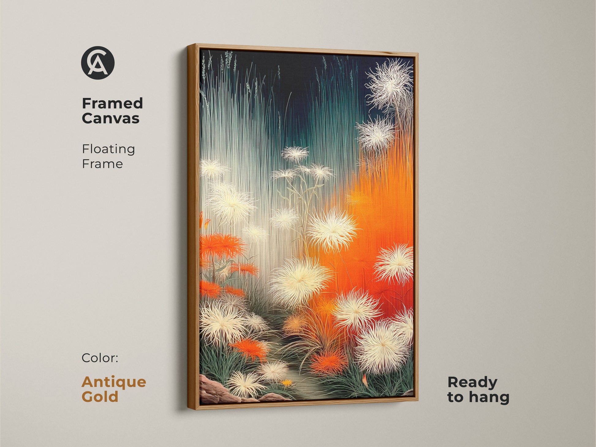 Framed canvas in antique gold featuring abstract botanical artwork. This dandelion nature artwork with orange white and teal floral prints is ready to hang. The modern contemporary decor is ideal for minimalist homes and plant lovers. The canvas print adds a sophisticated nature-inspired touch.