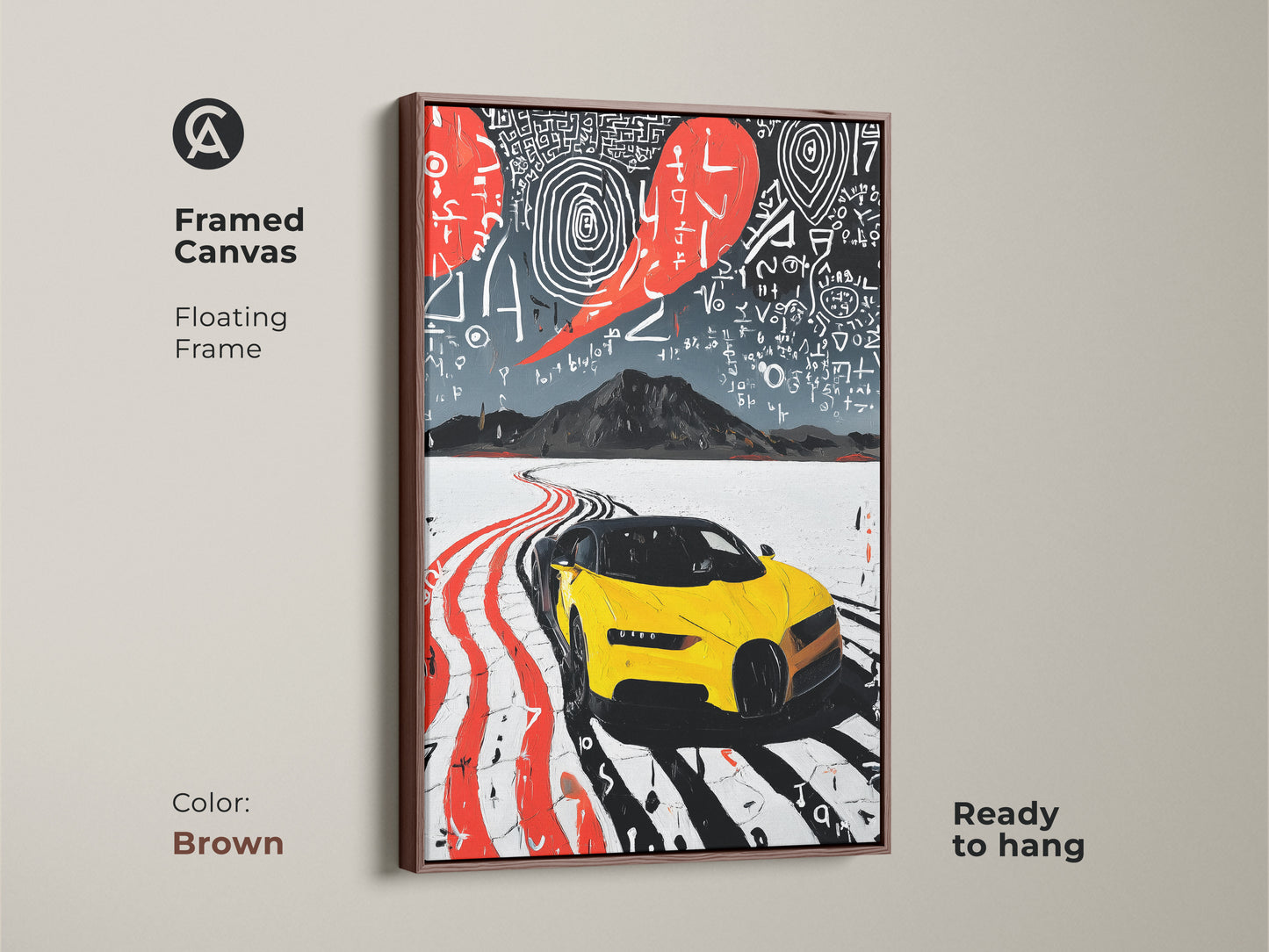 This framed canvas features vibrant abstract yellow sports car artwork. The brown floating frame adds a touch of warmth to the contemporary office. An excellent gift for car enthusiasts. The abstract road trip print brings modern automotive passion to any space it occupies.