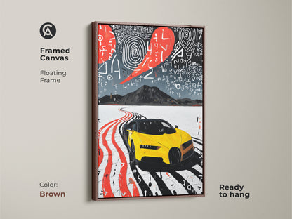 This framed canvas features vibrant abstract yellow sports car artwork. The brown floating frame adds a touch of warmth to the contemporary office. An excellent gift for car enthusiasts. The abstract road trip print brings modern automotive passion to any space it occupies.