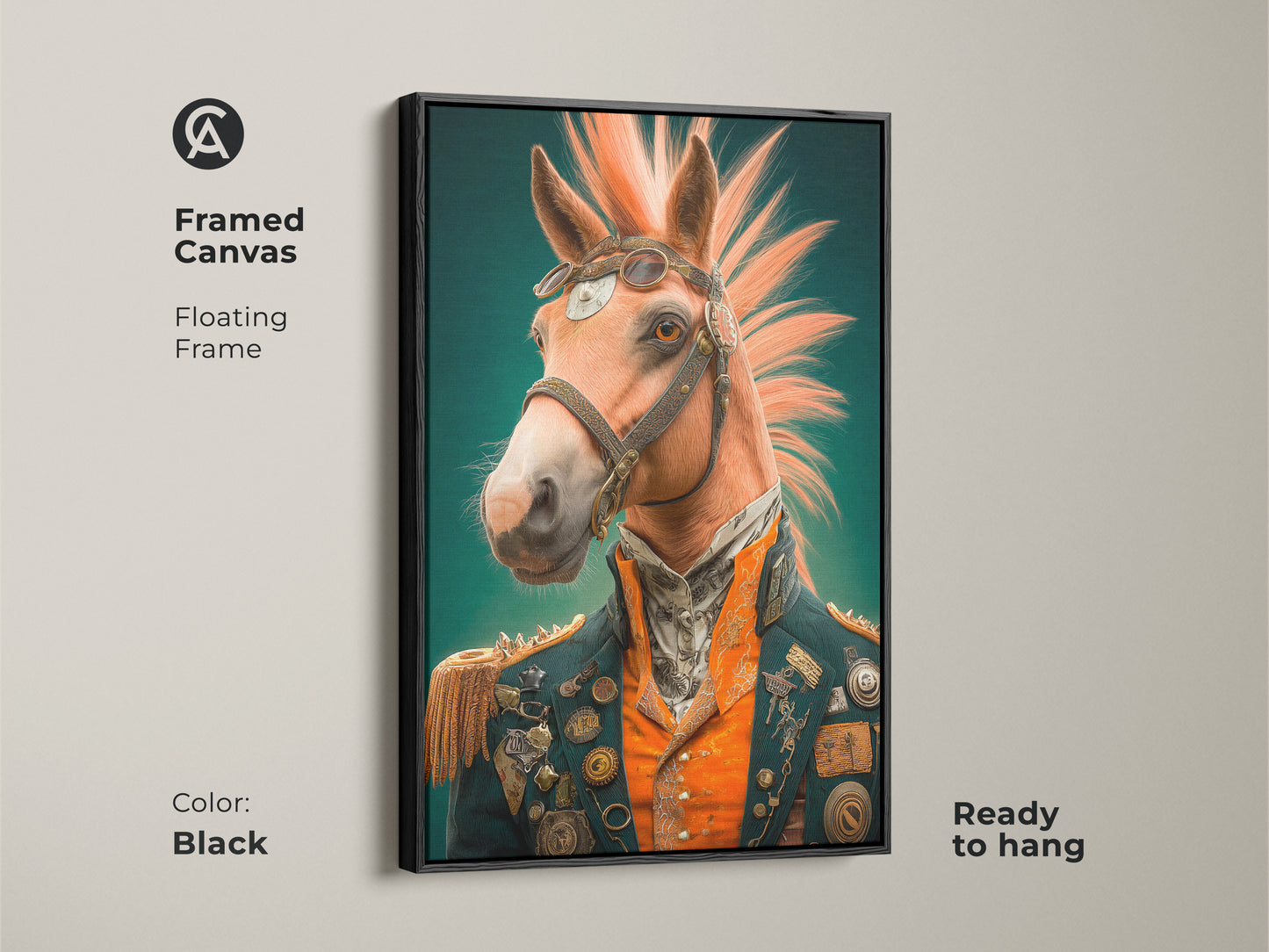 Framed canvas showcasing the steampunk horse artwork with a floating black frame. This victorian animal portrait is ready to hang. Great for a unique home decor gift.