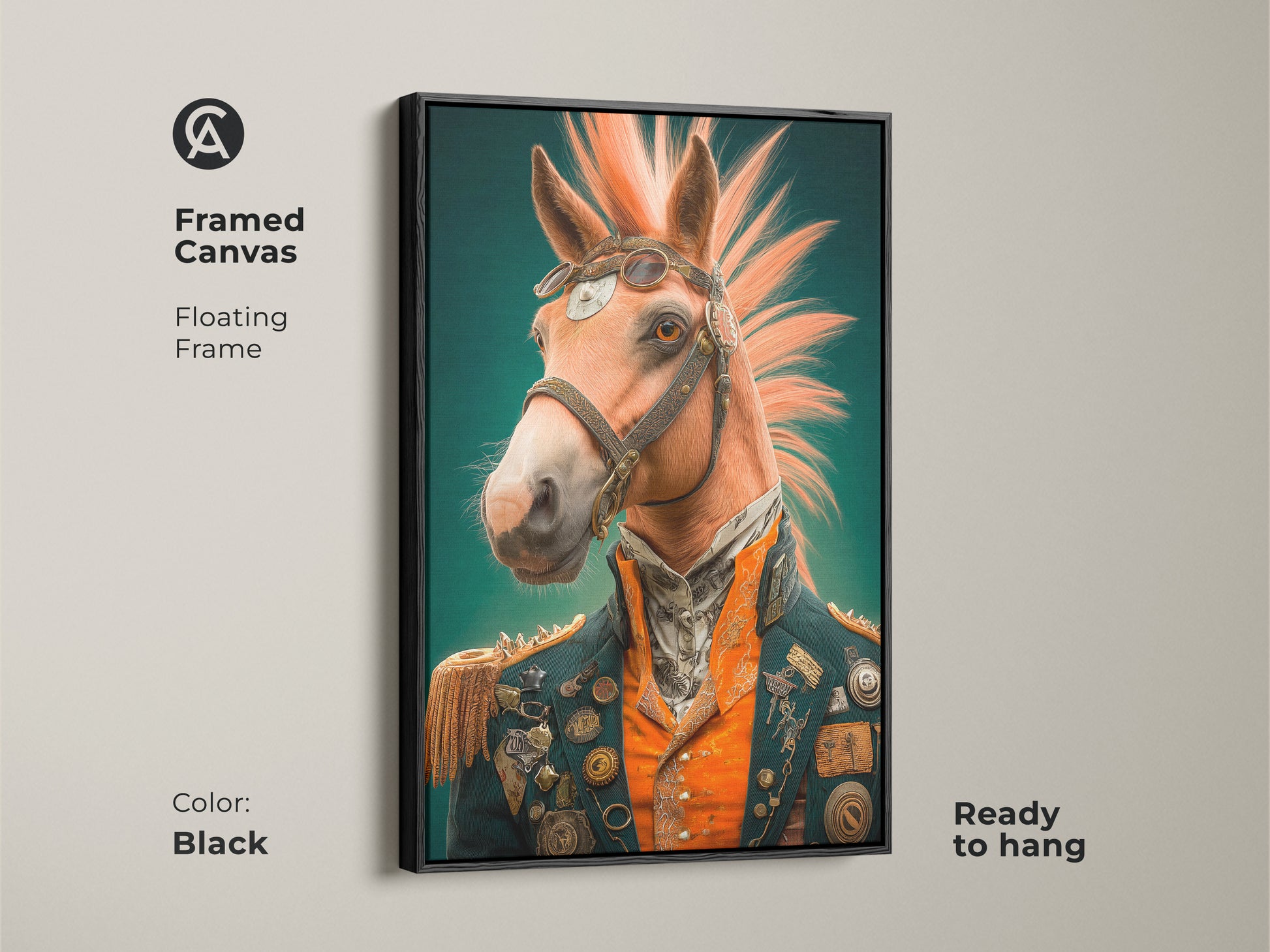 Framed canvas showcasing the steampunk horse artwork with a floating black frame. This victorian animal portrait is ready to hang. Great for a unique home decor gift.