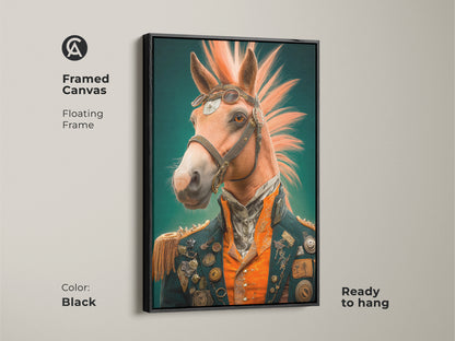 Framed canvas showcasing the steampunk horse artwork with a floating black frame. This victorian animal portrait is ready to hang. Great for a unique home decor gift.