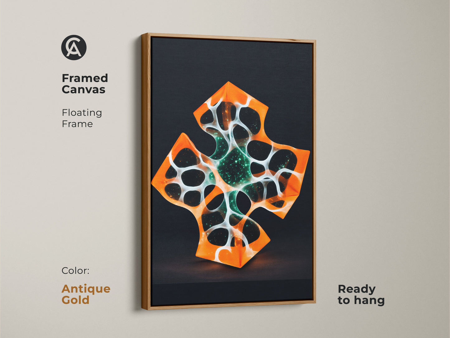 Framed abstract geometric art canvas featuring a floating frame in antique gold. The artwork showcases an orange and white cross design. It's ready to hang to create a modern and sophisticated wall.