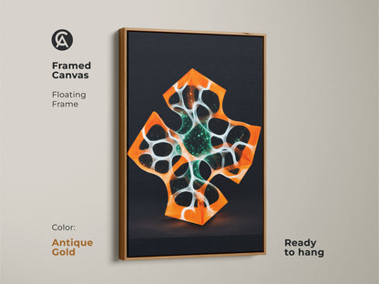 Framed abstract geometric art canvas featuring a floating frame in antique gold. The artwork showcases an orange and white cross design. It's ready to hang to create a modern and sophisticated wall.