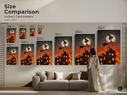 A size comparison of the Halloween witch flying over a darkened cityscape artwork in inches and centimeters. The art is displayed above a couch to showcase the different sizes. This orange and black canvas adds autumnal magic to any space.