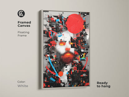 Framed canvas featuring an abstract man portrait. Floating frame in white color. This glitch art wall decor has a deconstructivist style. Geometric man face artwork with red blue and black colors. A contemporary portrait print for art collectors.