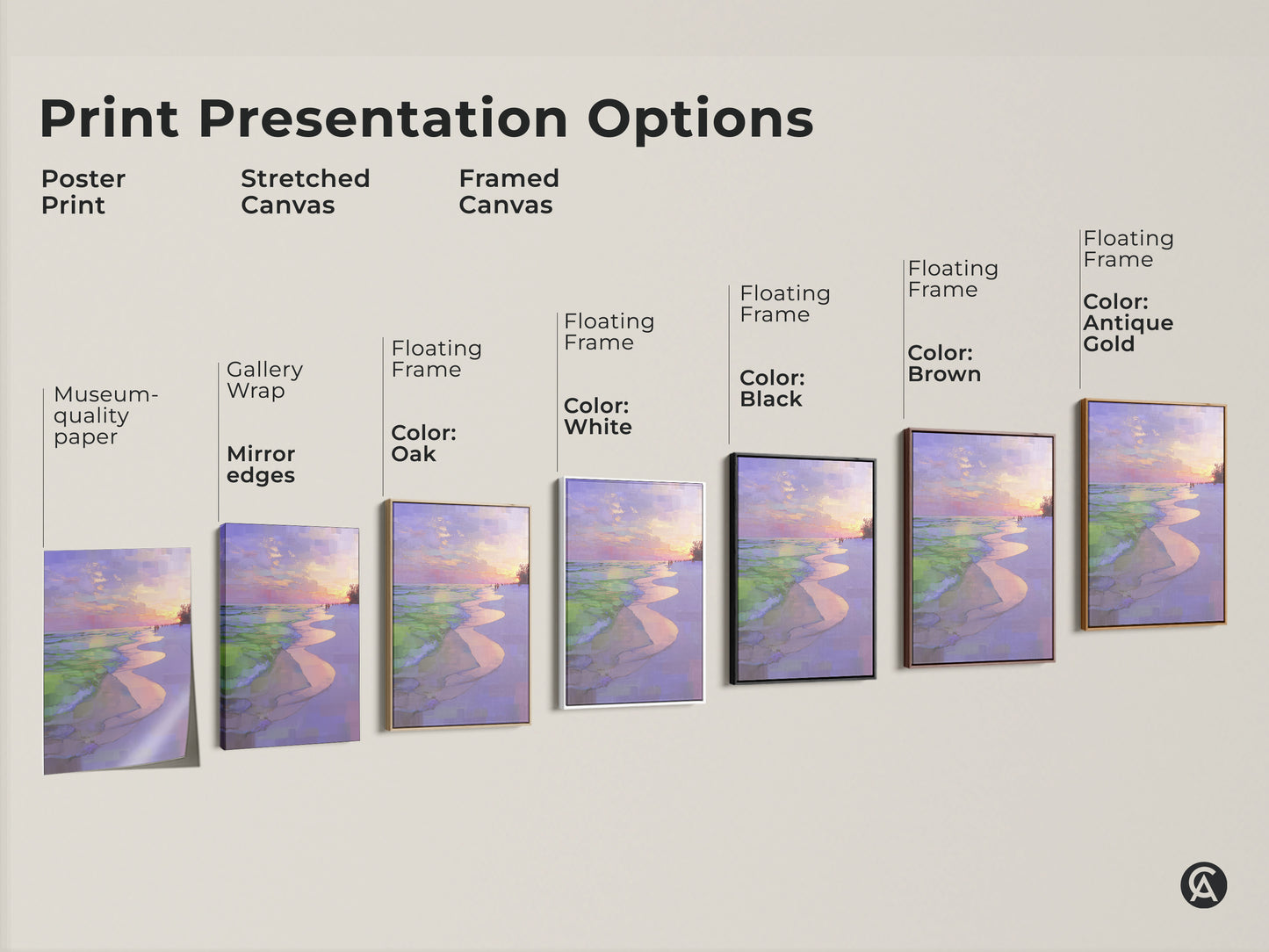 Explore print presentation options for coastal sunset wall art. Choose from poster prints stretched canvas or framed canvas. Each option highlights the impressionistic beach artwork. Purple pink sky landscape for serene home decor.