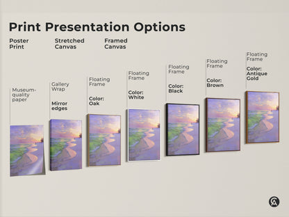 Explore print presentation options for coastal sunset wall art. Choose from poster prints stretched canvas or framed canvas. Each option highlights the impressionistic beach artwork. Purple pink sky landscape for serene home decor.