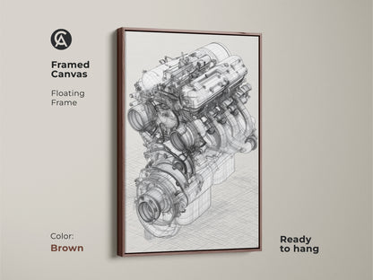 Brown framed canvas automotive engine blueprint artwork. This technical drawing has a floating frame. It is a great gift idea for a car enthusiast or engineer. This artwork will add an industrial touch to any garage office or living space. This artwork is ready to hang.