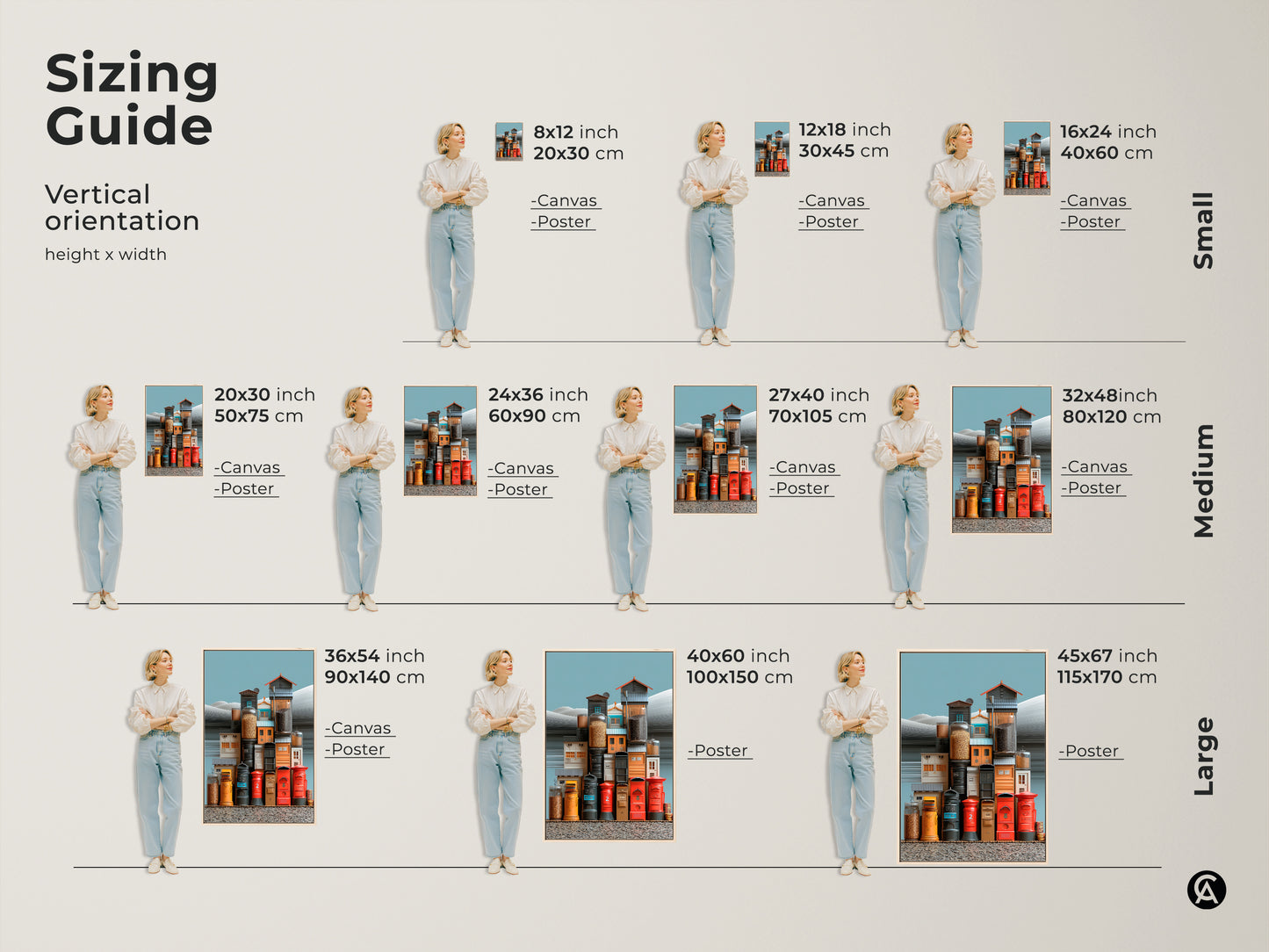 Sizing guide for vertical surrealist urban art prints. See how different sizes fit your space. Visualize canvas and poster options. Find the perfect eclectic artwork from small to large. Add a unique touch to your home with red yellow teal decor. Perfect housewarming gift.