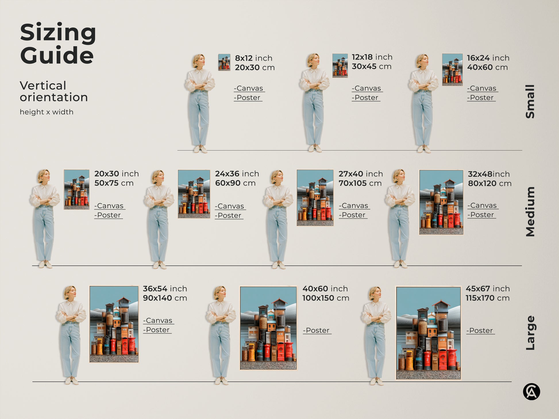 Sizing guide for vertical surrealist urban art prints. See how different sizes fit your space. Visualize canvas and poster options. Find the perfect eclectic artwork from small to large. Add a unique touch to your home with red yellow teal decor. Perfect housewarming gift.