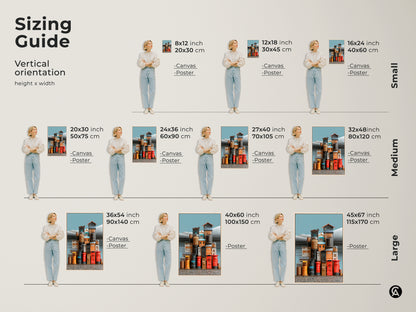 Sizing guide for vertical surrealist urban art prints. See how different sizes fit your space. Visualize canvas and poster options. Find the perfect eclectic artwork from small to large. Add a unique touch to your home with red yellow teal decor. Perfect housewarming gift.