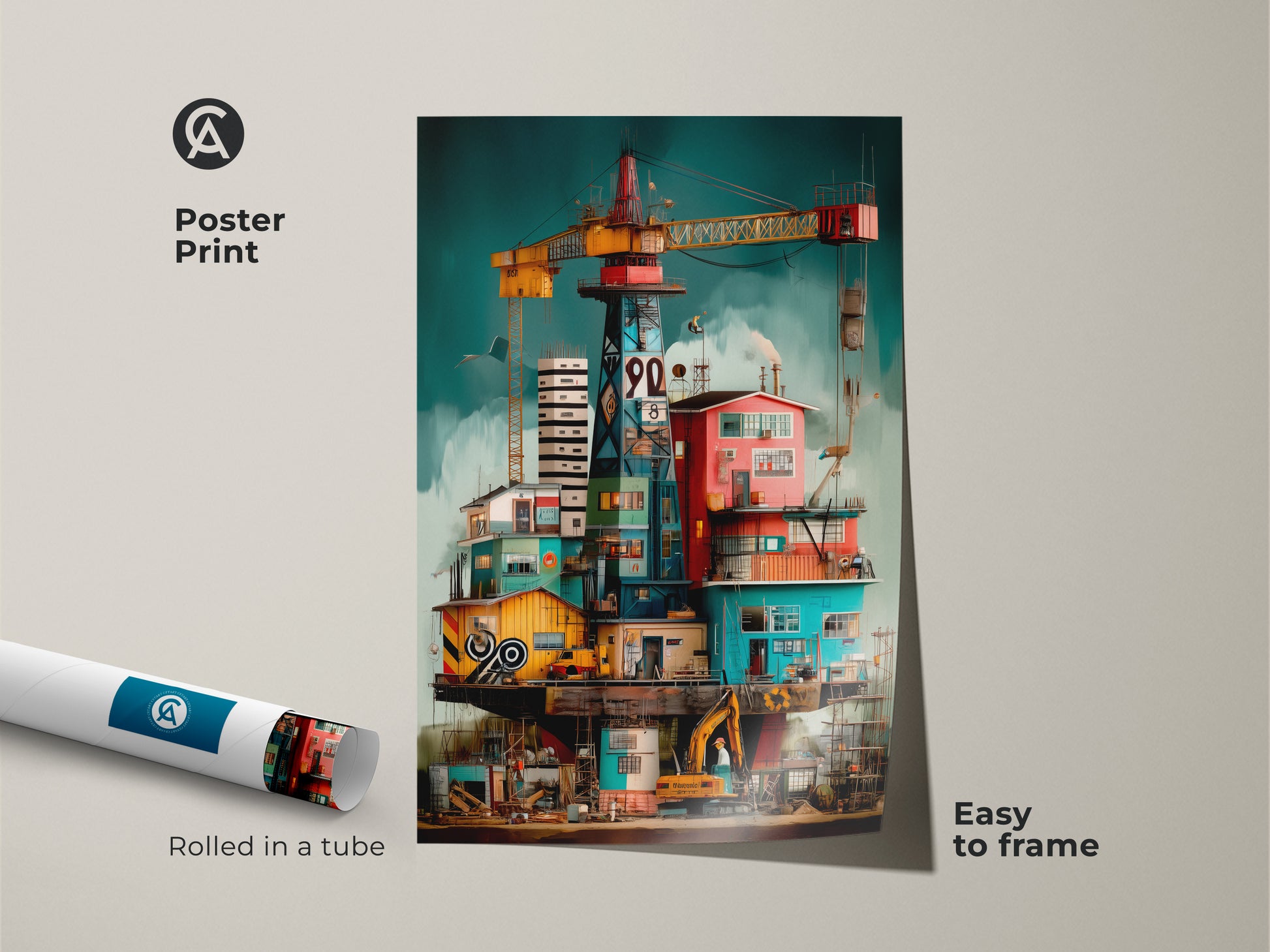 Poster print of a surreal industrial art featuring an oil rig with construction cranes. This architectural building art is rolled in a tube and is easy to frame. It has a teal yellow and red color palette that enhances loft style decor.