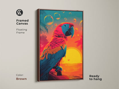 Framed parrot canvas artwork with a brown floating frame. The vibrant colors of the sunset and parrot create a stunning display. This ready-to-hang artwork adds a touch of tropical elegance to your home. Shop now for unique wall decor.