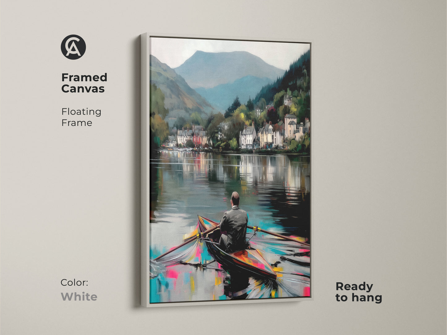 Framed canvas print featuring an impressionistic lake and village scene. White floating frame showcases the scenic artwork. Ideal for eclectic home decor. Expressive boat art enhances wall decor.