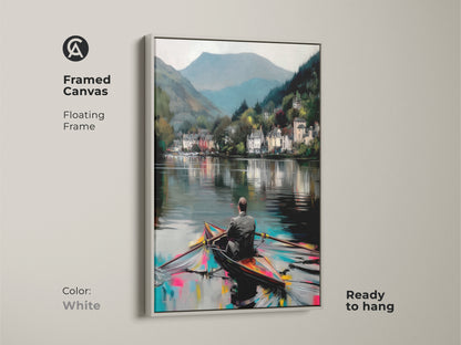 Framed canvas print featuring an impressionistic lake and village scene. White floating frame showcases the scenic artwork. Ideal for eclectic home decor. Expressive boat art enhances wall decor.