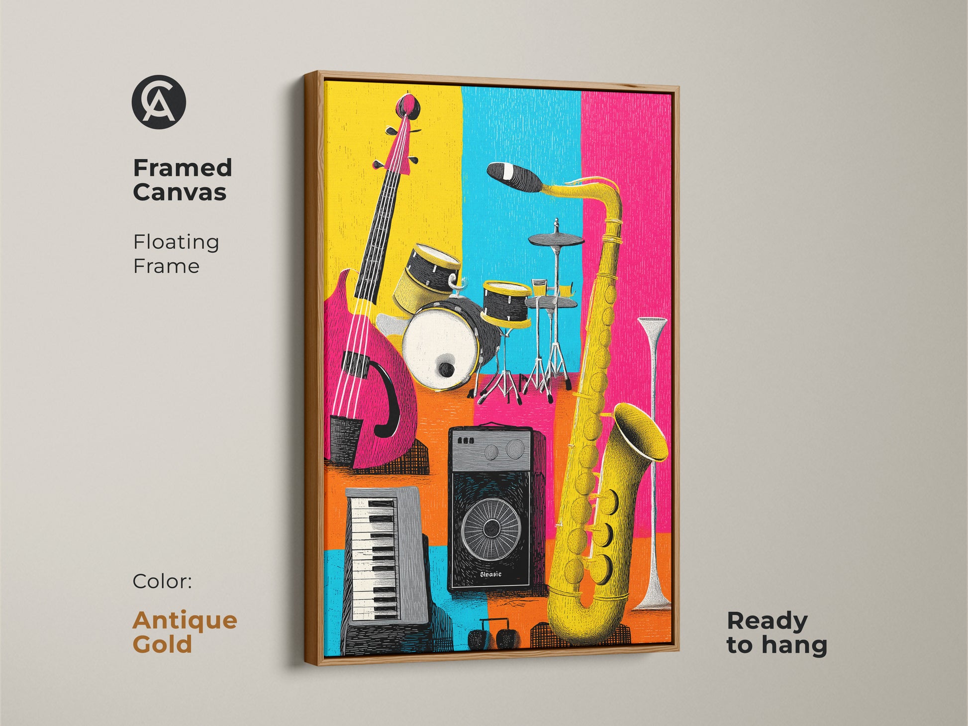 Framed musical instrument art. Antique gold floating frame adds elegance to this colorful artwork. Featuring a guitar drums keyboard and saxophone. A sophisticated touch for music decor.
