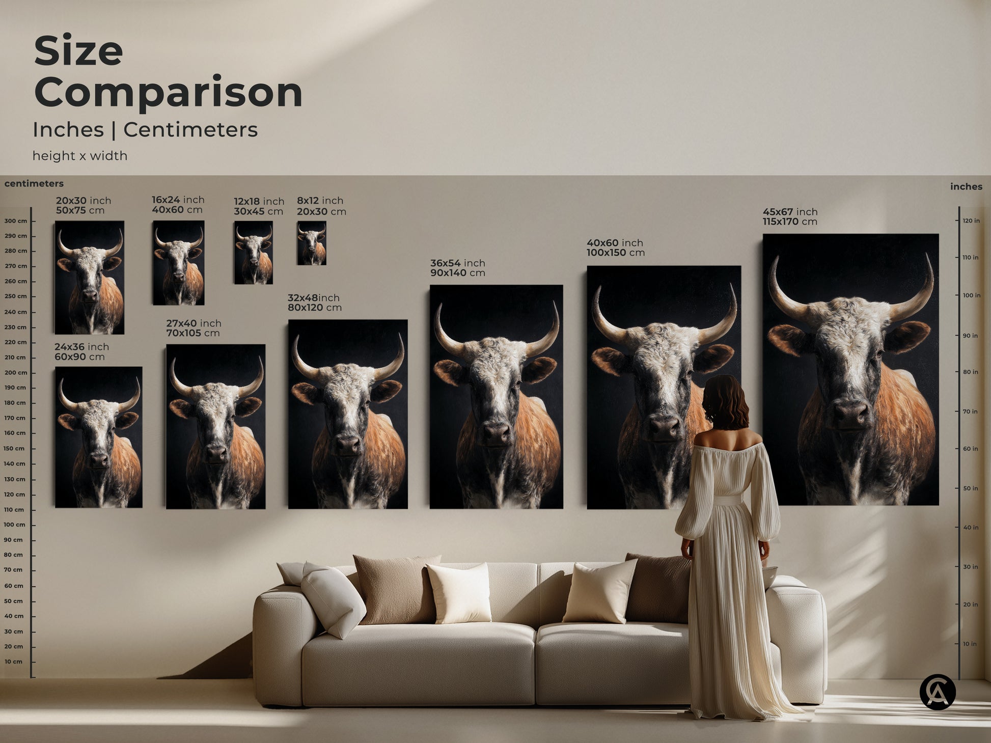 Size comparison of realistic bull artwork in inches and centimeters. The tan white and brown tones of the farmhouse cow wall art add rustic charm to any space. Find the perfect size to complement your country style home decor. Available as canvas or poster prints. Ideal for country living room art.