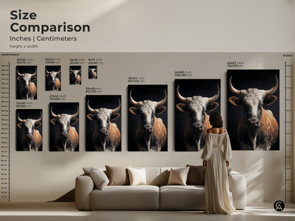 Size comparison of realistic bull artwork in inches and centimeters. The tan white and brown tones of the farmhouse cow wall art add rustic charm to any space. Find the perfect size to complement your country style home decor. Available as canvas or poster prints. Ideal for country living room art.