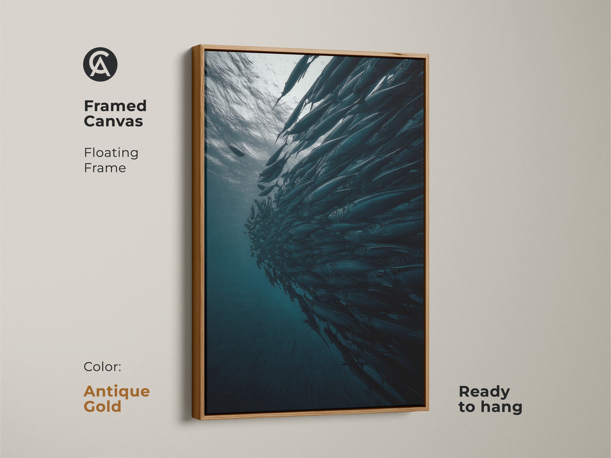 Framed canvas featuring a school of fish with an antique gold floating frame. This underwater ocean wildlife print is ready to hang. The contemporary fish artwork offers a cinematic underwater scene. A deep blue gray teal wall art for modern homes.