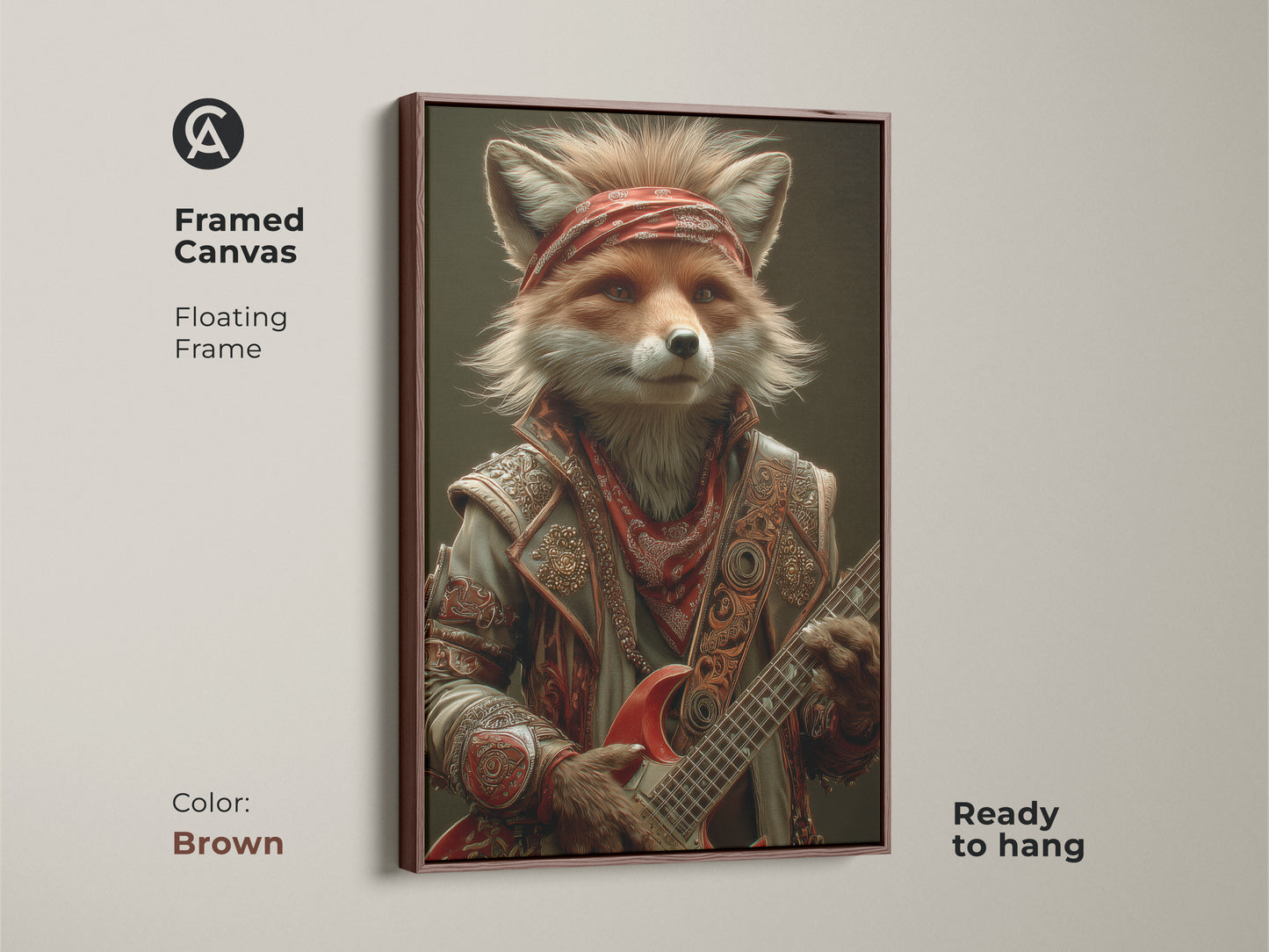 This framed canvas shows a rockstar fox shredding on his guitar with a red bandana. The brown floating frame complements this cool animal musician art. This ready-to-hang piece adds an eclectic touch to any room and makes a great gift for rock fans. Bring a rock and roll vibe today.