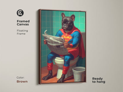 Framed in brown this canvas showcases the French Bulldog superhero art. This pet superhero print is ready to hang it. It's perfect for adding a humorous touch to your home. This artistic toilet art makes an ideal dog owner gift. The blue and red dog art will brighten any space