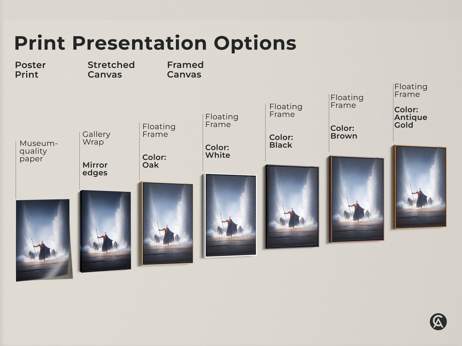 Explore print presentation options for Moses parting the Red Sea artwork. Choose from poster print stretched canvas or framed canvas. Options include floating frames in white black brown oak and antique gold. Perfect for adding a spiritual touch to any room. A unique gift for faith collectors. Capture divine intervention.
