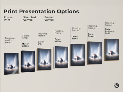 Explore print presentation options for Moses parting the Red Sea artwork. Choose from poster print stretched canvas or framed canvas. Options include floating frames in white black brown oak and antique gold. Perfect for adding a spiritual touch to any room. A unique gift for faith collectors. Capture divine intervention.