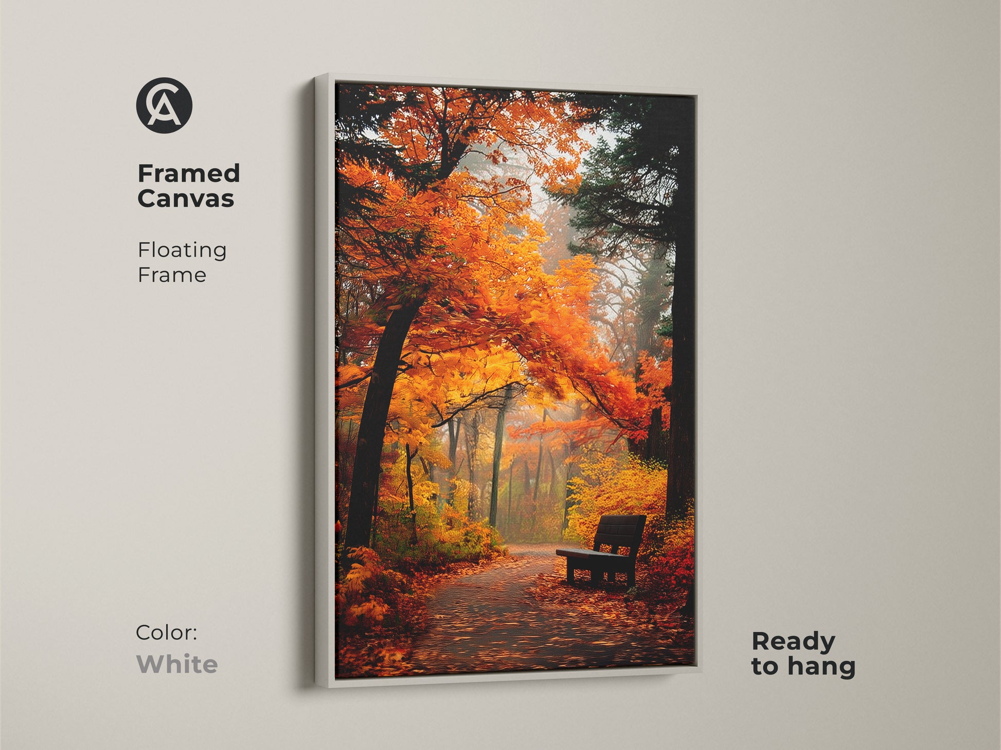 Create a serene ambiance with this framed canvas artwork. This artwork captures an autumn park scene with vibrant orange trees and a tranquil bench. The floating frame in white offers a clean modern look. This print is ready to hang bringing nature's beauty to your home.