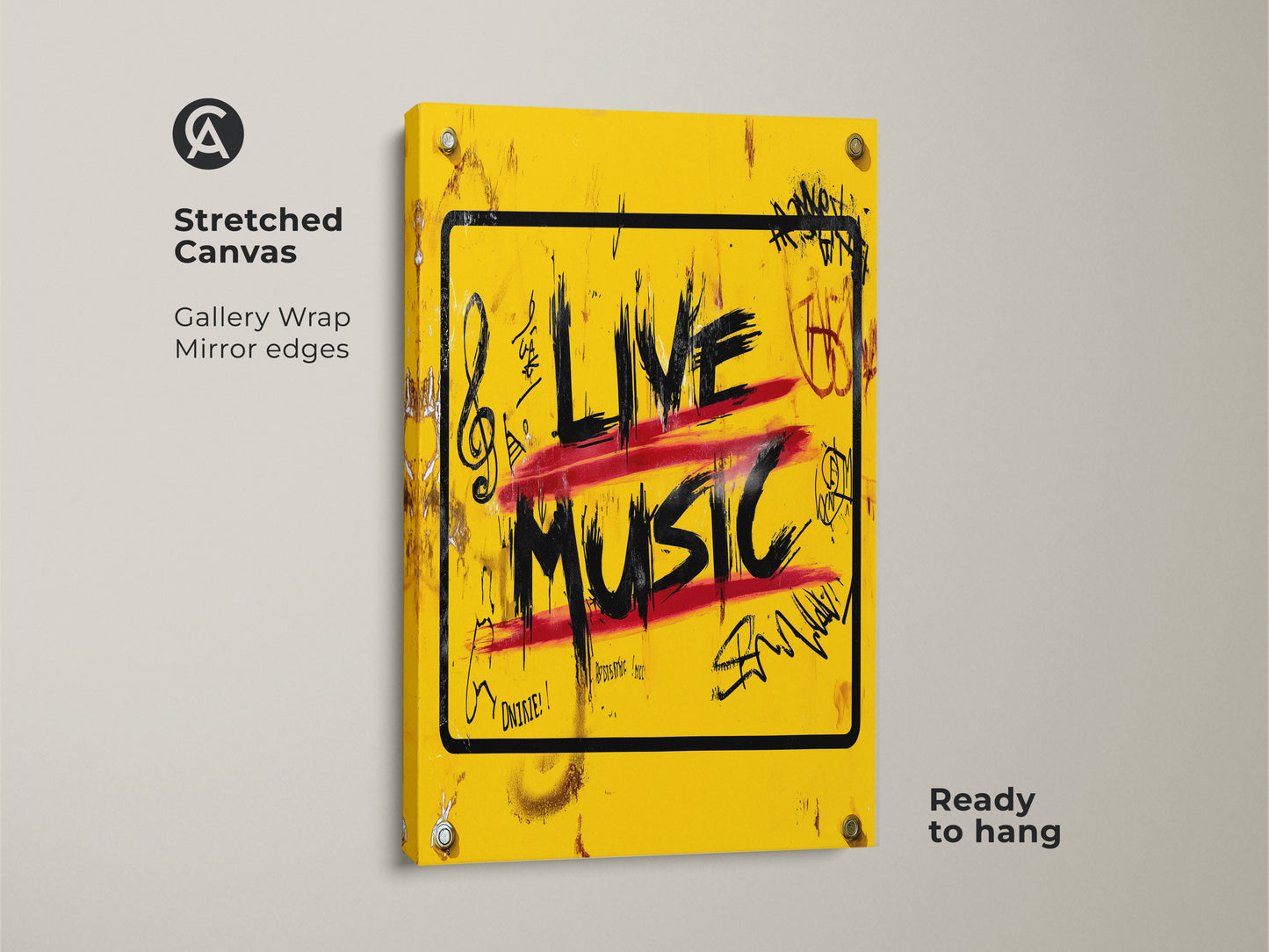 Stretched canvas art of a 'Live Music' graffiti print with gallery wrapped edges provides a sleek modern look. The vibrant yellow backdrop with red and black accents makes a bold statement. Ready to hang this urban street art canvas will energize your music room or studio space.