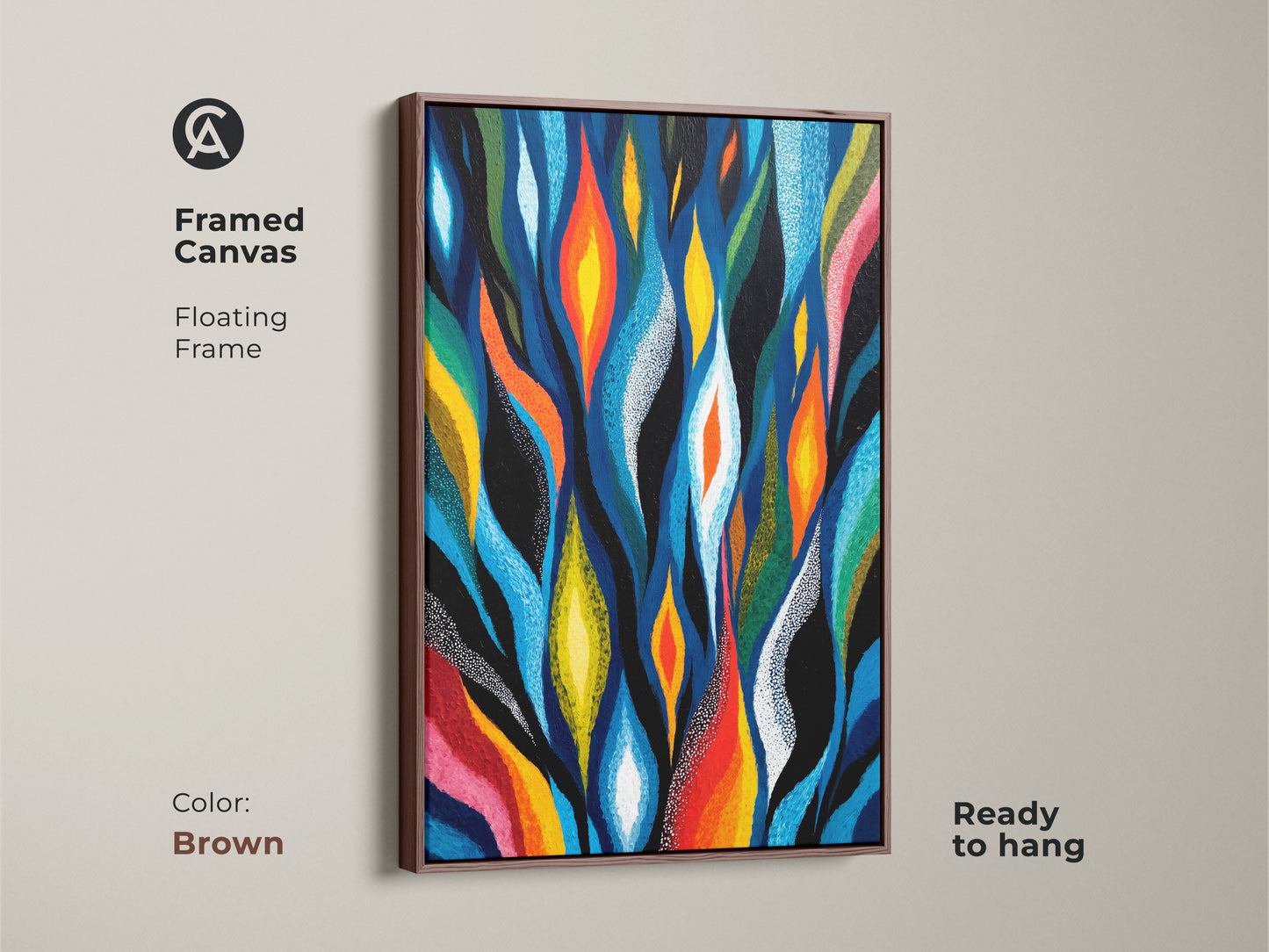 This framed canvas with a floating brown frame highlights a modern abstract painting. The flame and leaf motif combines deep blue bright orange and yellow tones. This organic geometric art enhances any room decor.