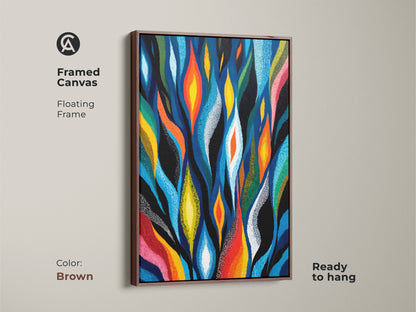 This framed canvas with a floating brown frame highlights a modern abstract painting. The flame and leaf motif combines deep blue bright orange and yellow tones. This organic geometric art enhances any room decor.