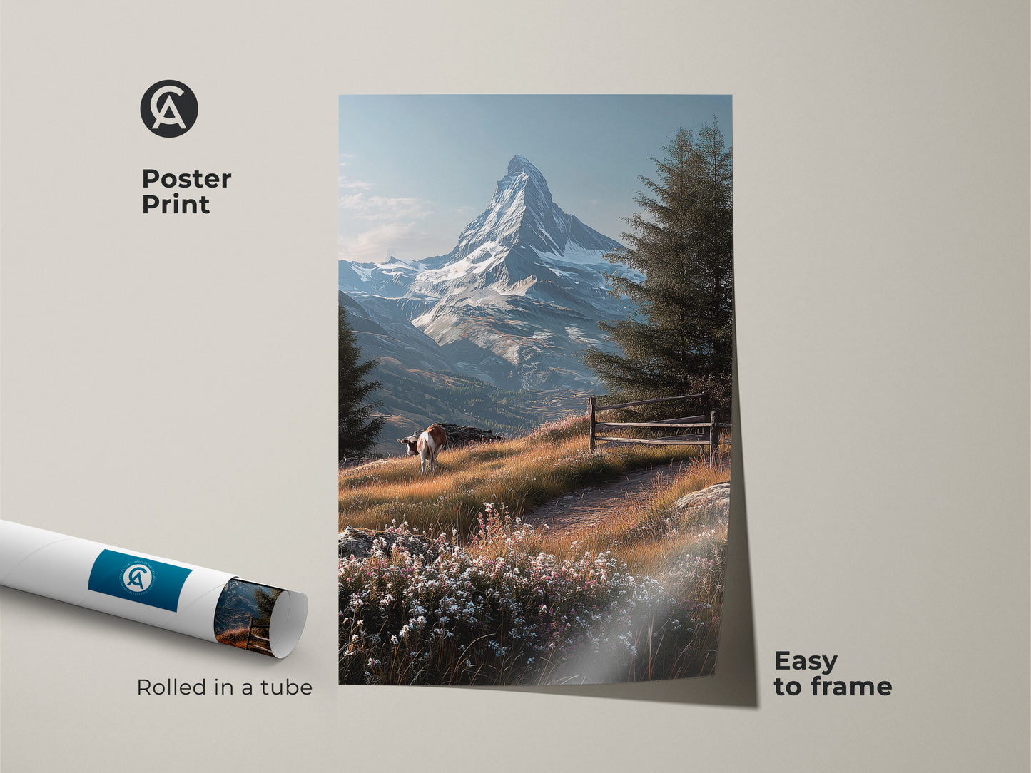 Poster print of Matterhorn mountain artwork rolled in a tube. This museum-quality paper poster is easy to frame. The scene features a cow grazing in a wildflower meadow. Distant views of the Swiss Alps iconic peak are visible.