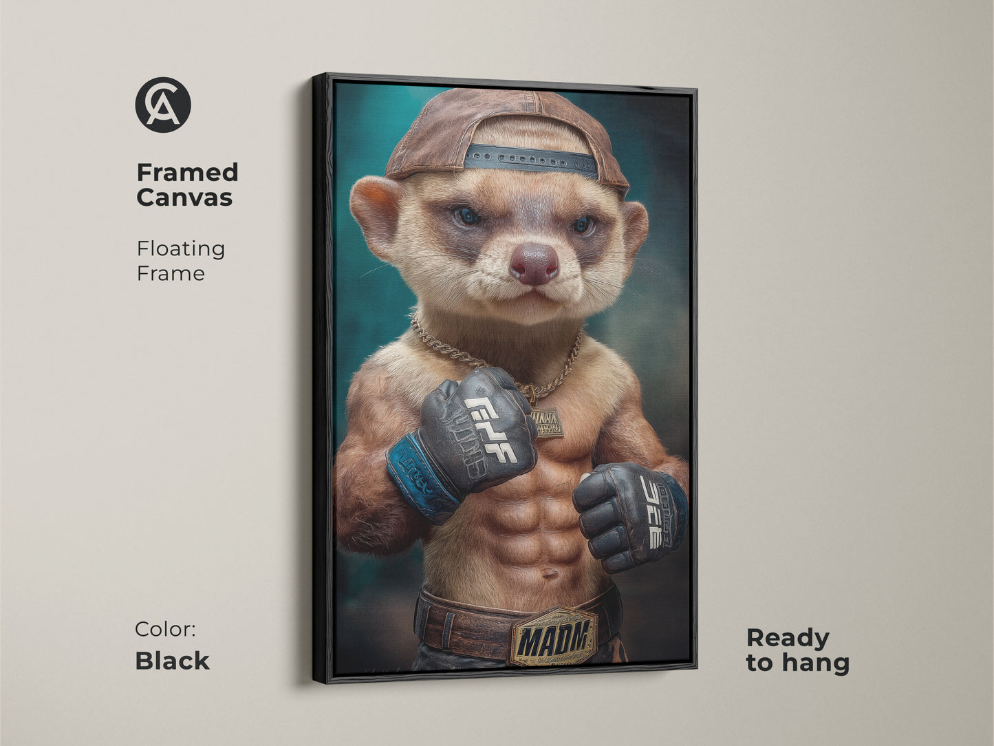 Framed Canvas of a meerkat fighter in a floating black frame. This unique man cave gift is ready to hang. The modern animal art is perfect as office wall decor or game room art. It will make a wonderful and unique gift for an MMA fan