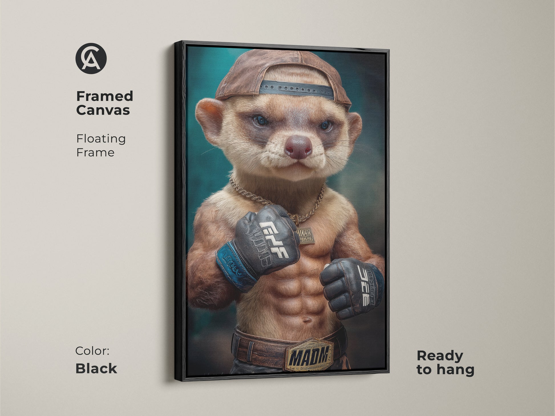 Framed Canvas of a meerkat fighter in a floating black frame. This unique man cave gift is ready to hang. The modern animal art is perfect as office wall decor or game room art. It will make a wonderful and unique gift for an MMA fan