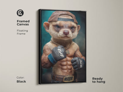 Framed Canvas of a meerkat fighter in a floating black frame. This unique man cave gift is ready to hang. The modern animal art is perfect as office wall decor or game room art. It will make a wonderful and unique gift for an MMA fan