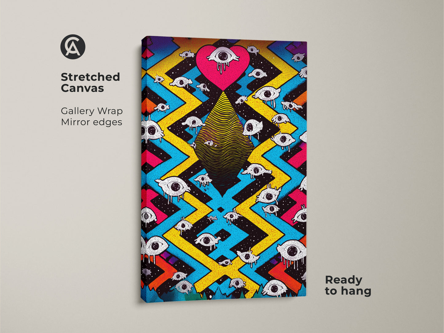 A stretched canvas featuring a surreal eye heart artwork. This psychedelic abstract wall art is ideal for eclectic bedroom decor. Magenta yellow and blue art print create a trippy effect for any living room. The unique wall art for teens features a geometric pattern. Its gallery wrap and mirror edges are ready to hang.