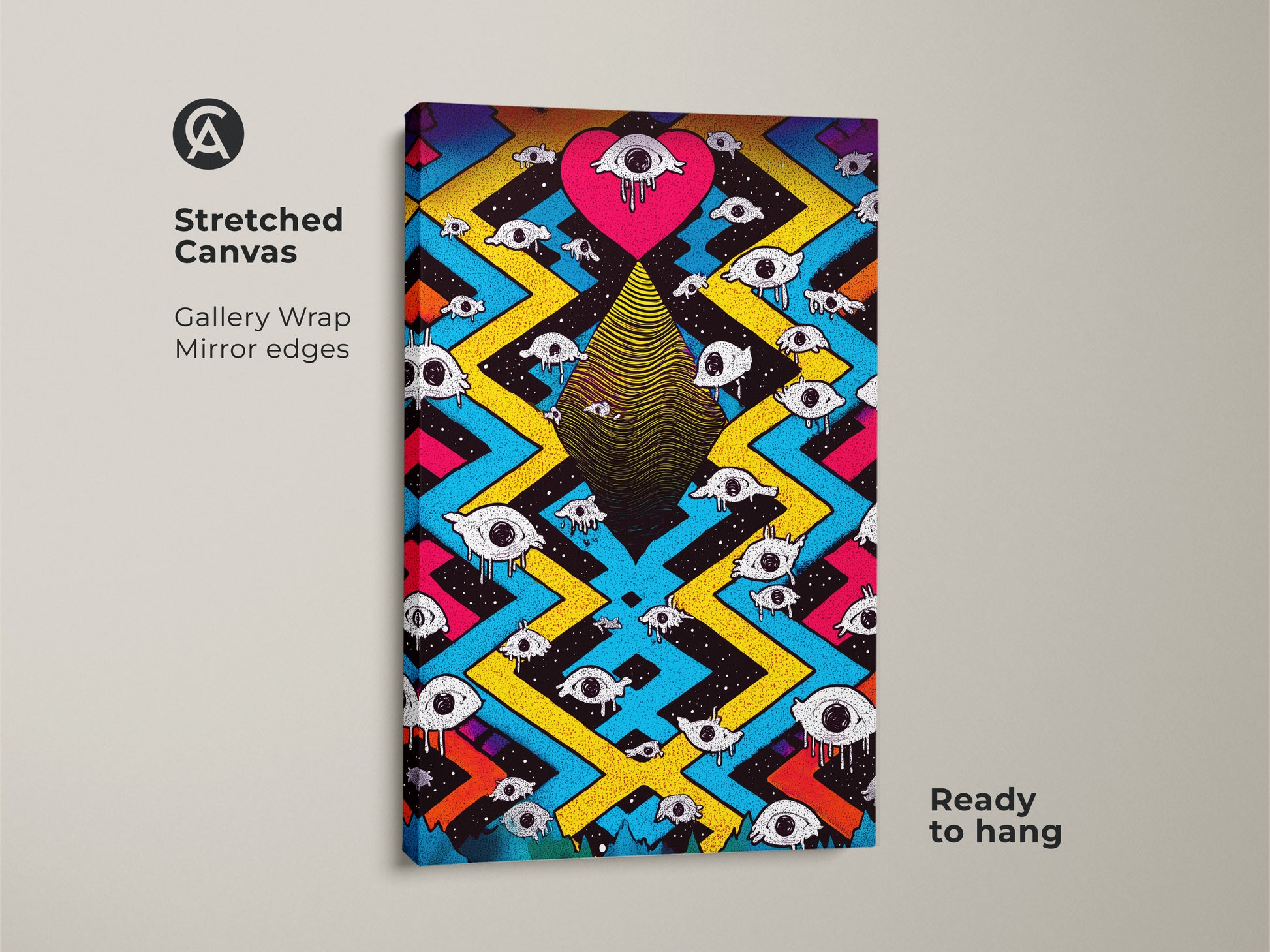 A stretched canvas featuring a surreal eye heart artwork. This psychedelic abstract wall art is ideal for eclectic bedroom decor. Magenta yellow and blue art print create a trippy effect for any living room. The unique wall art for teens features a geometric pattern. Its gallery wrap and mirror edges are ready to hang.
