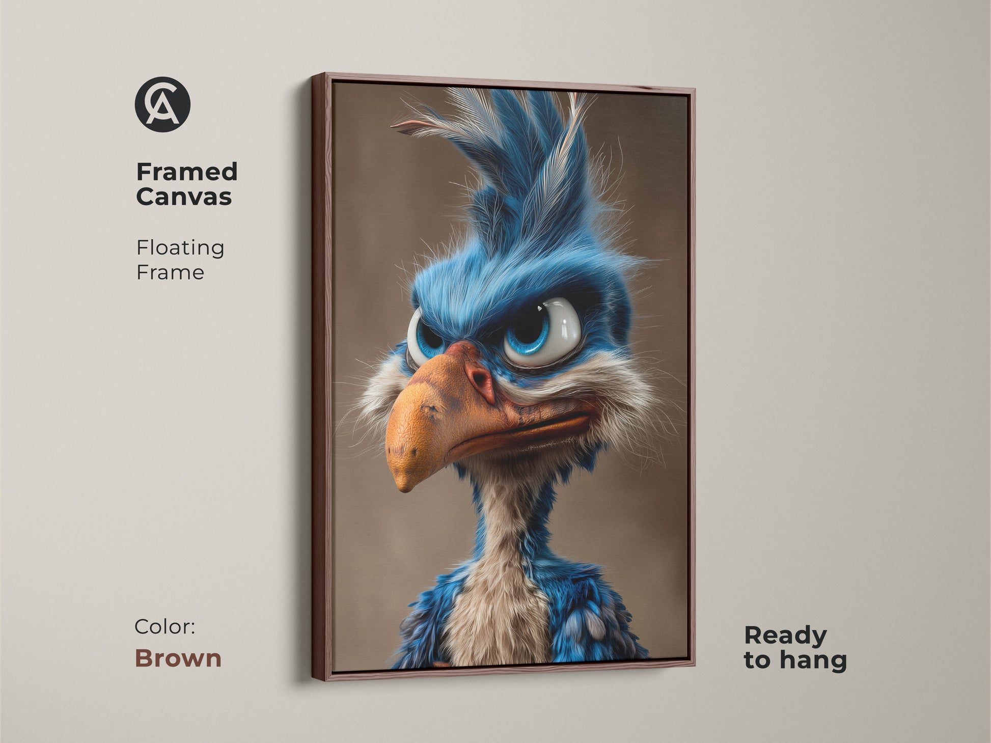 Framed canvas art featuring a cartoon bird with a floating frame. The brown frame complements the artwork's playful style. This ready-to-hang piece is a great addition to any art collection or living space.