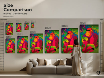 Size comparison of the gorilla and baby dinosaur artwork. Inches and centimeters are listed. The colorful geometric animal art is shown in various sizes. It makes a vibrant addition to any eclectic home or kids room decor.