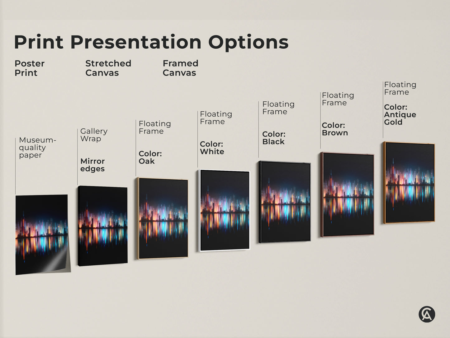 Explore print presentation options for city skyline artwork. Choose from poster prints stretched canvas and framed canvas. Select a floating frame in various colors to match your decor.