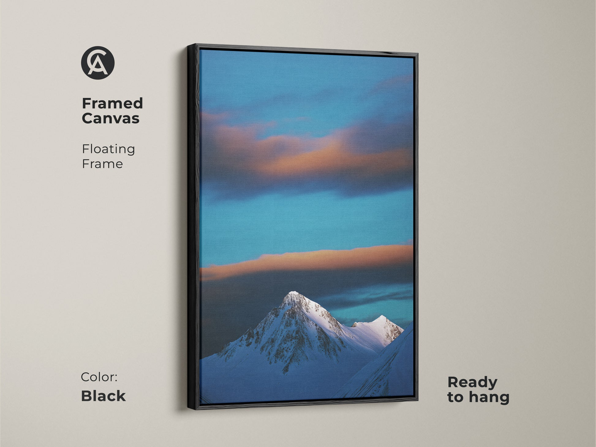 Framed in black this canvas art shows a snowy mountain under a blue sky. The floating frame enhances this contemporary nature wall art. Ready to hang this winter landscape print adds alpine scenery to your modern home decor.