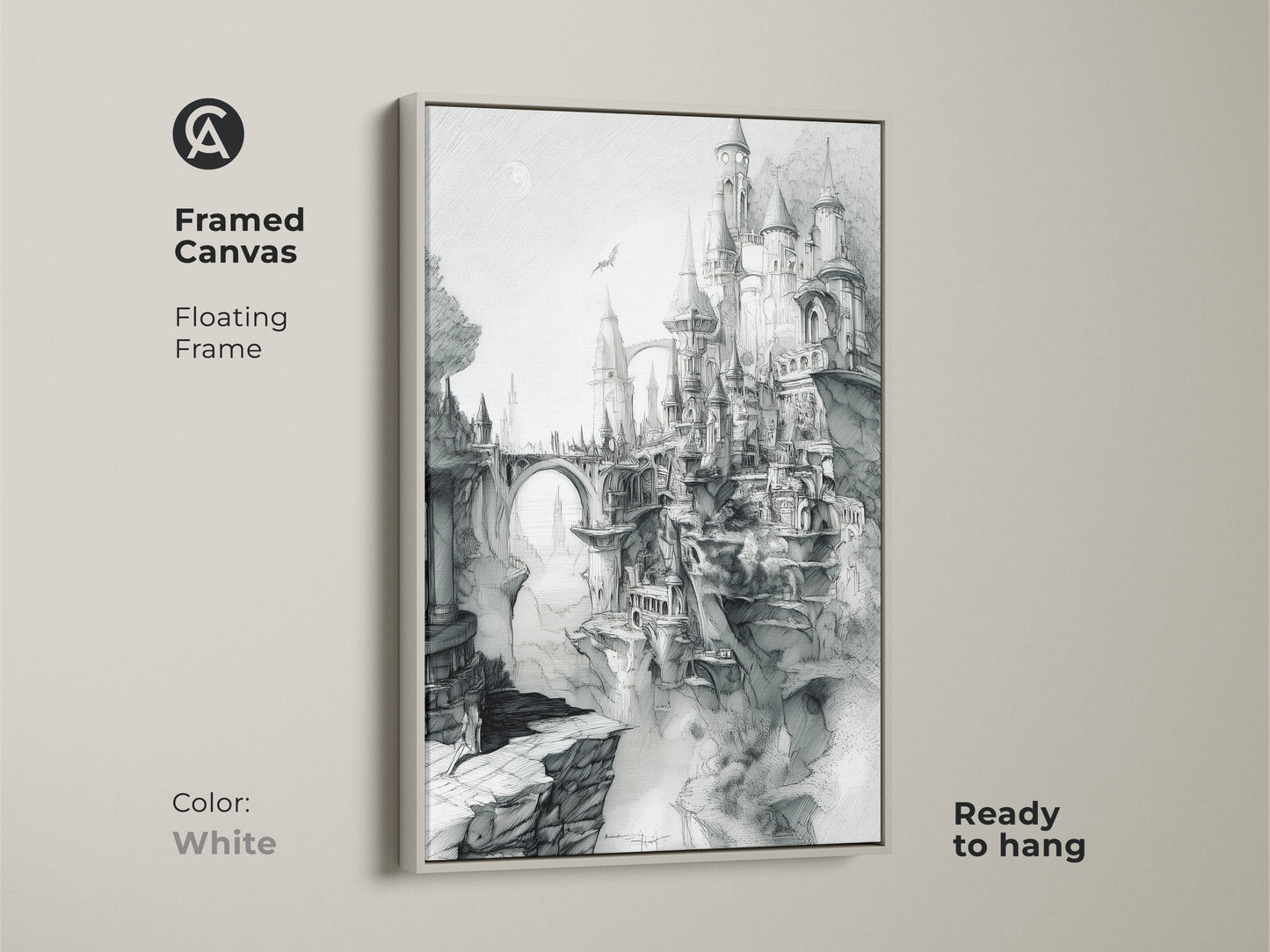 Framed canvas art print featuring a detailed castle sketch and a white floating frame. The fantasy medieval castle sits on cliffs. This framed canvas is ready to hang. Shop now to add style to your decor.