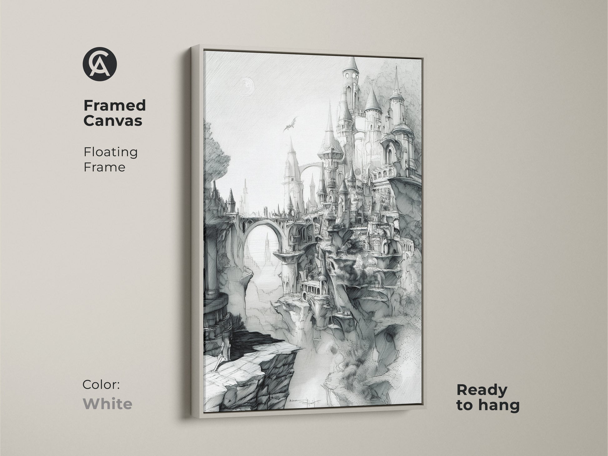 Framed canvas art print featuring a detailed castle sketch and a white floating frame. The fantasy medieval castle sits on cliffs. This framed canvas is ready to hang. Shop now to add style to your decor.