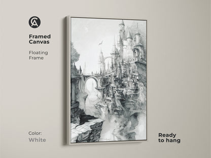 Framed canvas art print featuring a detailed castle sketch and a white floating frame. The fantasy medieval castle sits on cliffs. This framed canvas is ready to hang. Shop now to add style to your decor.