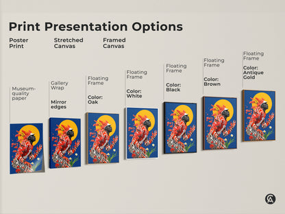 Print presentation options for surreal man wall art include a poster print a stretched canvas and framed canvas. The art features a contemporary portrait of a man with cherry blossoms against a blue and yellow sun. Choose from various frames and museum-quality paper.