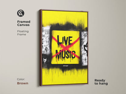 Framed canvas showcasing live music art with a brown floating frame. This yellow and black urban street art print is ready to hang. An eclectic home wall art for music enthusiasts.