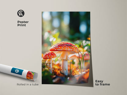 Mushroom poster print. The unframed print features two red capped mushrooms in a forest. The mushroom art print is rolled in a tube for protection. This poster is easy to frame.
